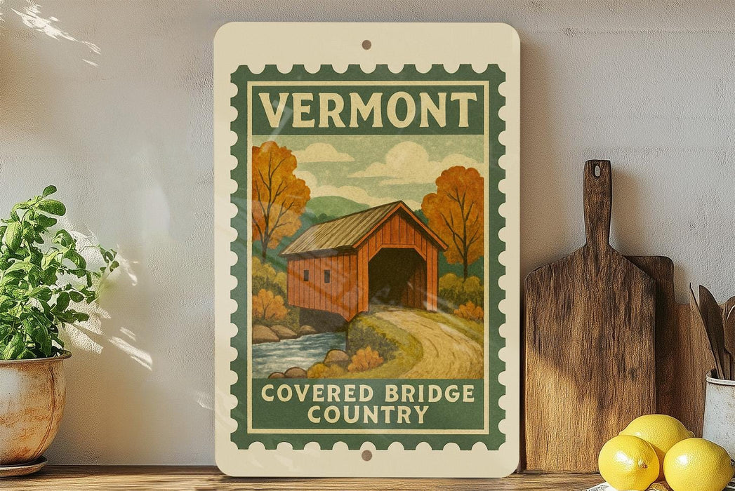 a vintage-style sign for Vermont's Covered Bridge Country, with a wooden bridge and autumn trees depicted on the sign.