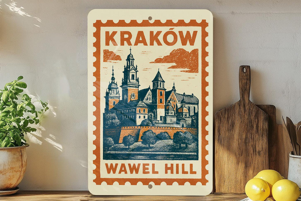 A decorative metal sign with an illustration of a castle or palace, featuring the text "Krakow Wawel Hill" on it, is displayed on a shelf next to a wooden cutting board and some potted plants.