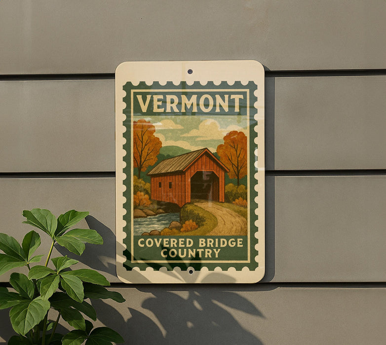 A sign for Vermont's Covered Bridge Country, featuring a wooden bridge and autumn foliage.