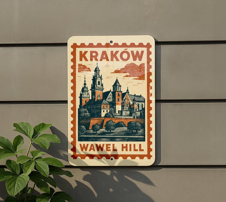 A metal sign with a vintage-style illustration of a castle or palace, mounted on a wall.