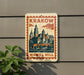 A metal sign with a vintage-style illustration of a castle or palace, mounted on a wall.