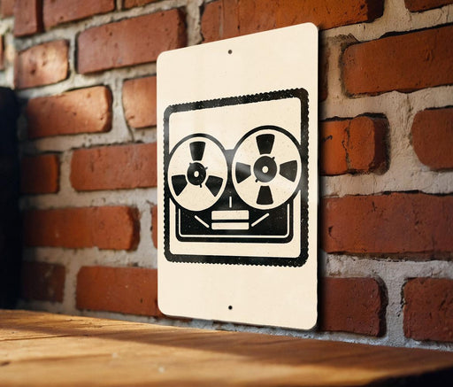 A sign with a black and white graphic of a cassette tape is mounted on a brick wall.