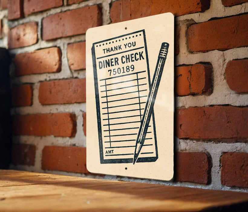 A sign on a brick wall that reads "THANK YOU DINER CHECK 750189" with a pencil illustration.