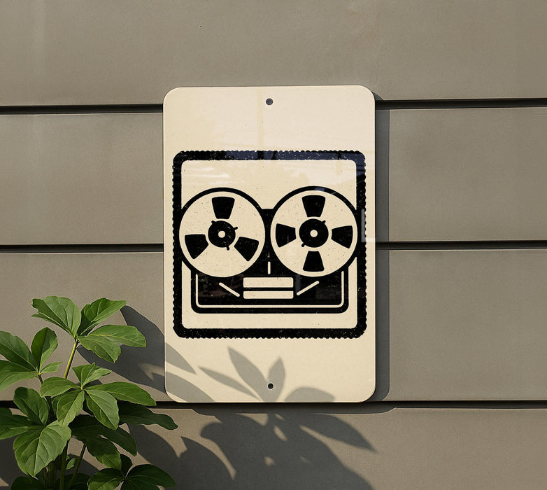 a sign with a tape recorder symbol on it, mounted on a wall next to a plant.