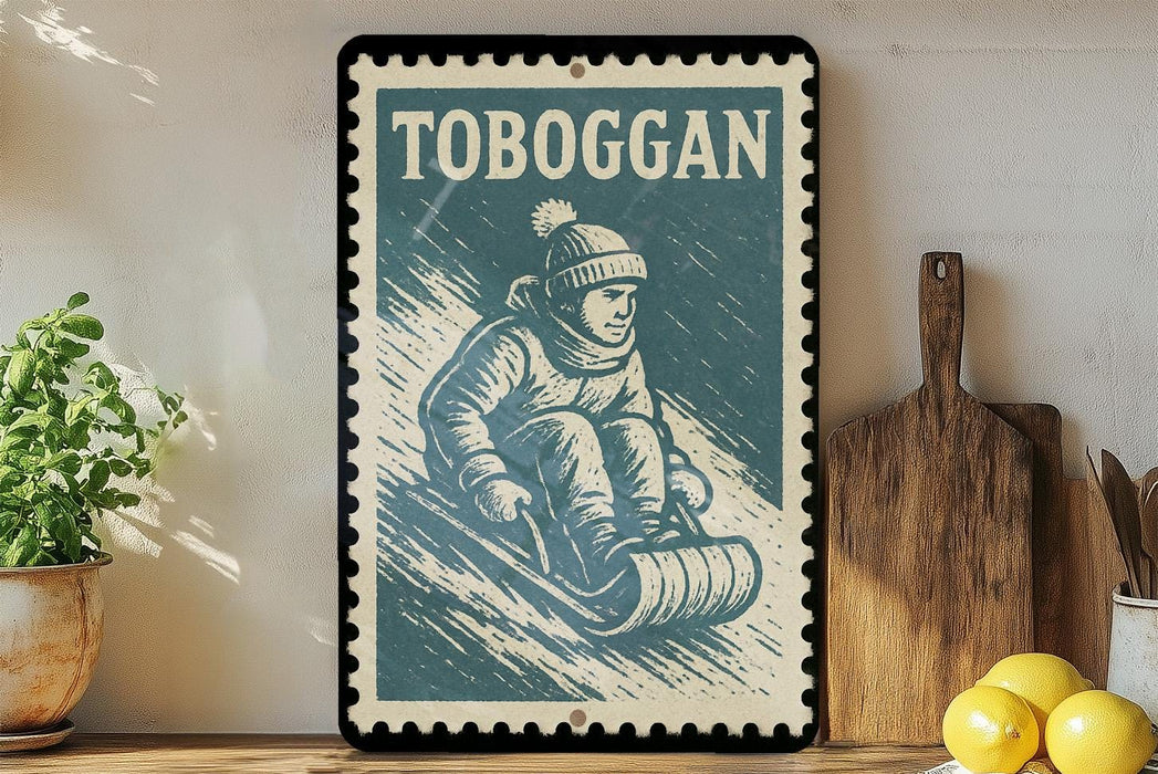 A framed vintage-style stamp with a winter scene depicting a person sledding down a snowy hill, surrounded by kitchen utensils and a potted plant.