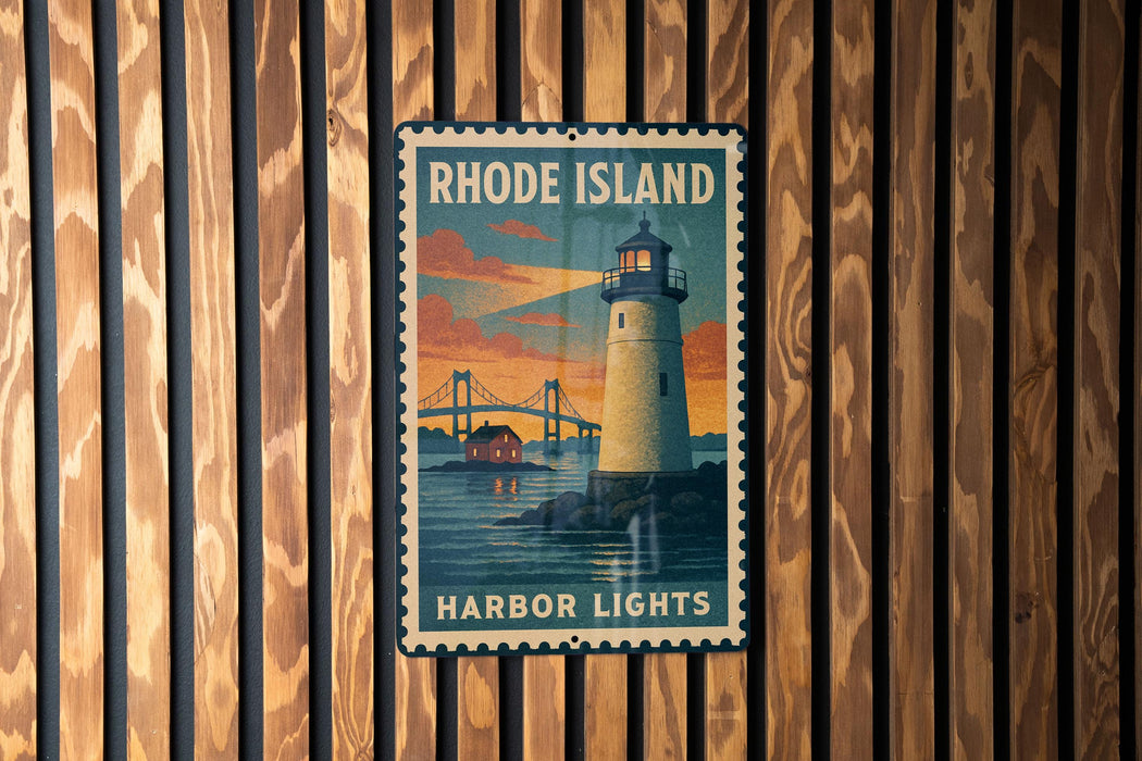 A vintage-style metal sign with the text "RHODE ISLAND" and a lighthouse illustration, mounted on a wooden wall.