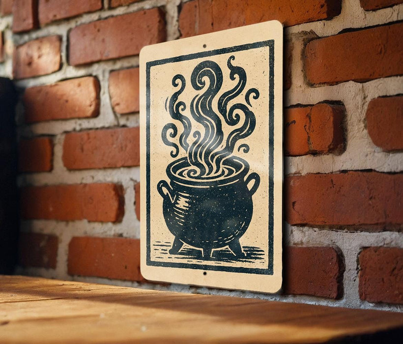 A sign with a black and white illustration of a cauldron with steam rising from it, mounted on a brick wall.