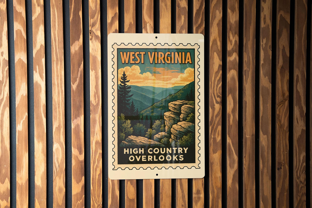 A vintage-style poster of West Virginia's High Country overlooks is displayed on a wooden wall.