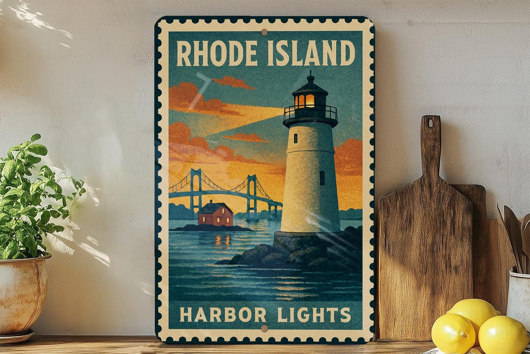 A vintage-style metal sign with a lighthouse and bridge in the background, depicting the scenic beauty of Rhode Island.