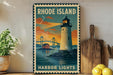 A vintage-style metal sign with a lighthouse and bridge in the background, depicting the scenic beauty of Rhode Island.