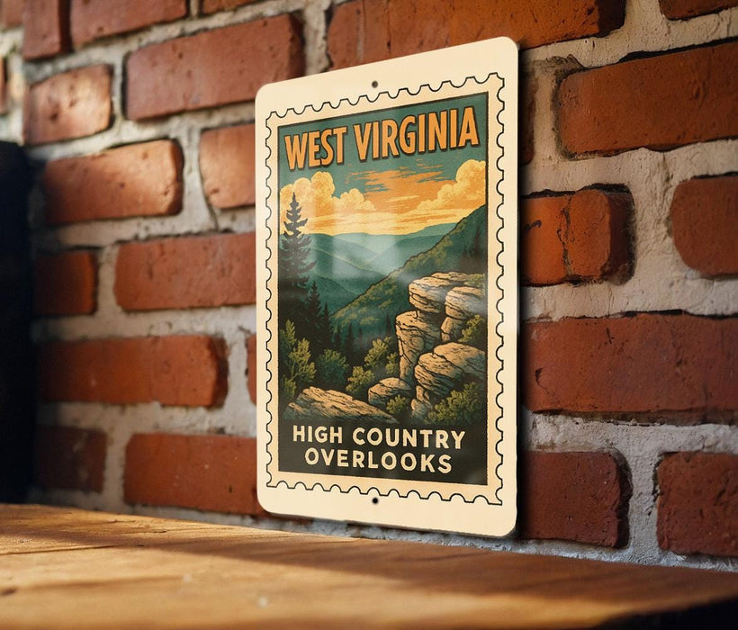 A vintage-style metal sign with the text "WEST VIRGINIA HIGH COUNTRY OVERLOOKS" is displayed on a brick wall.