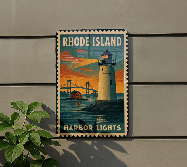 A vintage-style metal sign with a lighthouse and bridge in the background, mounted on a wall.