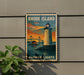 A vintage-style metal sign with a lighthouse and bridge in the background, mounted on a wall.