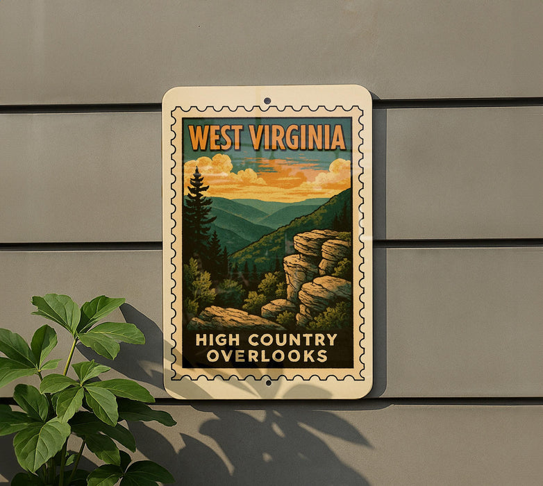 A vintage-style sign for the High Country Overlooks in West Virginia, featuring a scenic mountain landscape with pine trees and rocky cliffs.