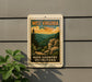 A vintage-style sign for the High Country Overlooks in West Virginia, featuring a scenic mountain landscape with pine trees and rocky cliffs.