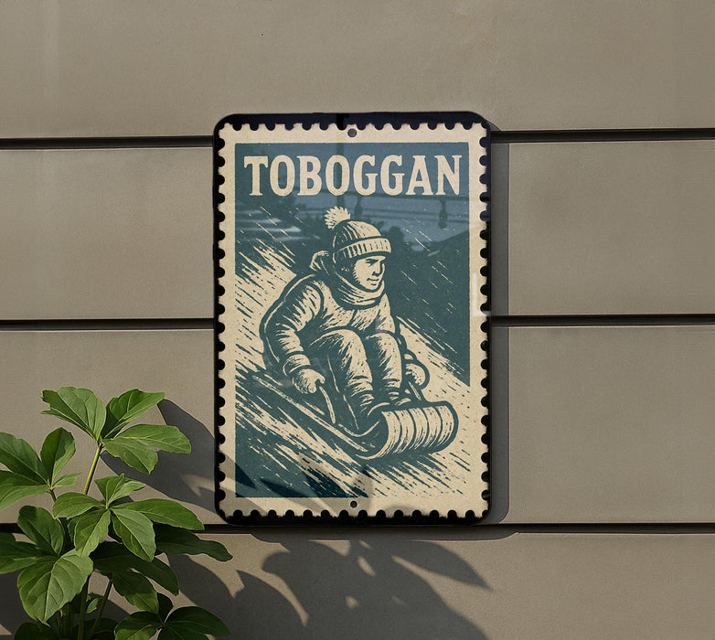 A vintage-style metal sign with a snowboarder illustration, mounted on a wall.