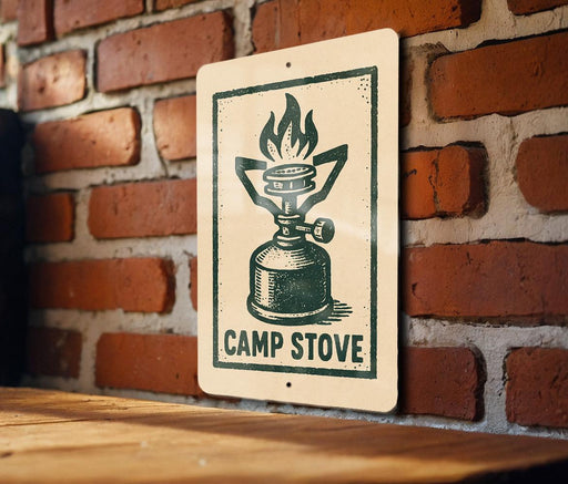 A sign with a graphic of a camp stove is mounted on a brick wall.
