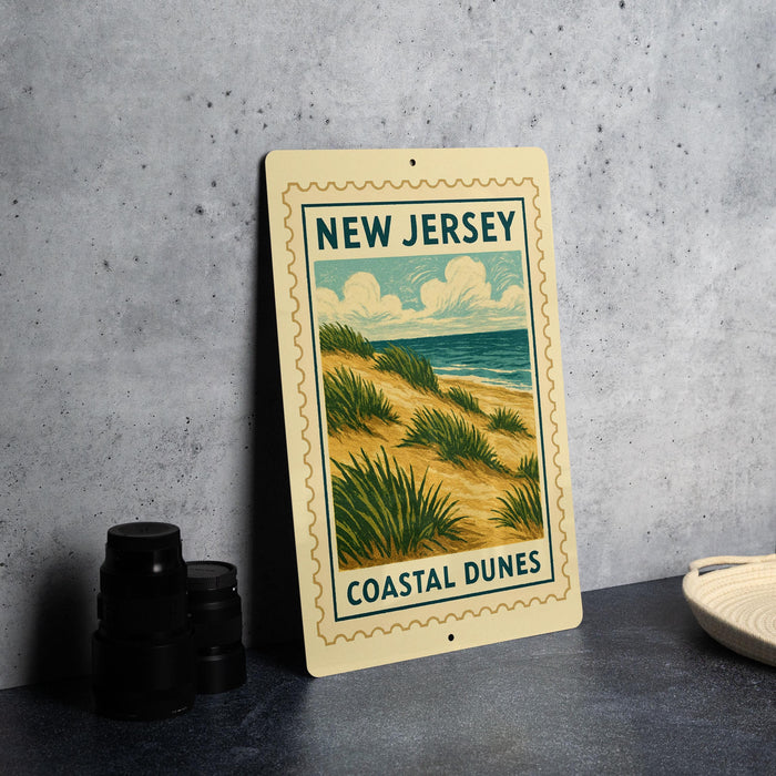 A metal sign with a beach scene and the text "NEW JERSEY COASTAL DUNES" is displayed on a table.