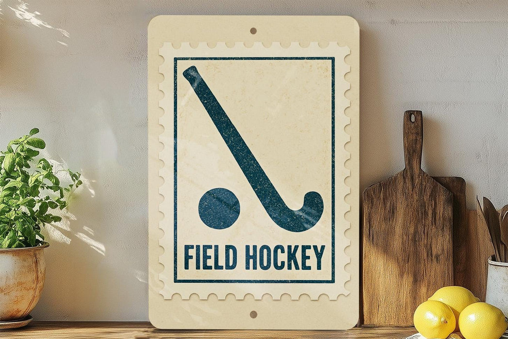 a vintage-style sign with a hockey stick and the text "FIELD HOCKEY" on a shelf, surrounded by kitchen utensils and a potted plant.