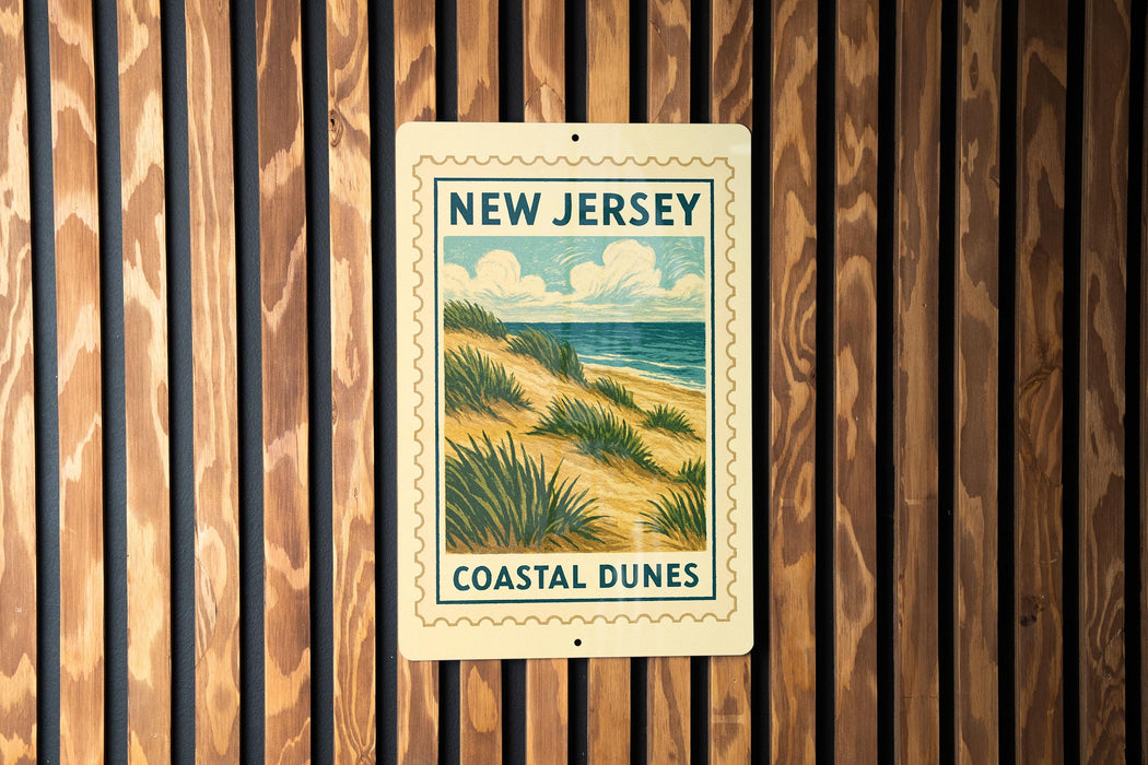 A sign for New Jersey Coastal Dunes is displayed on a wooden wall.