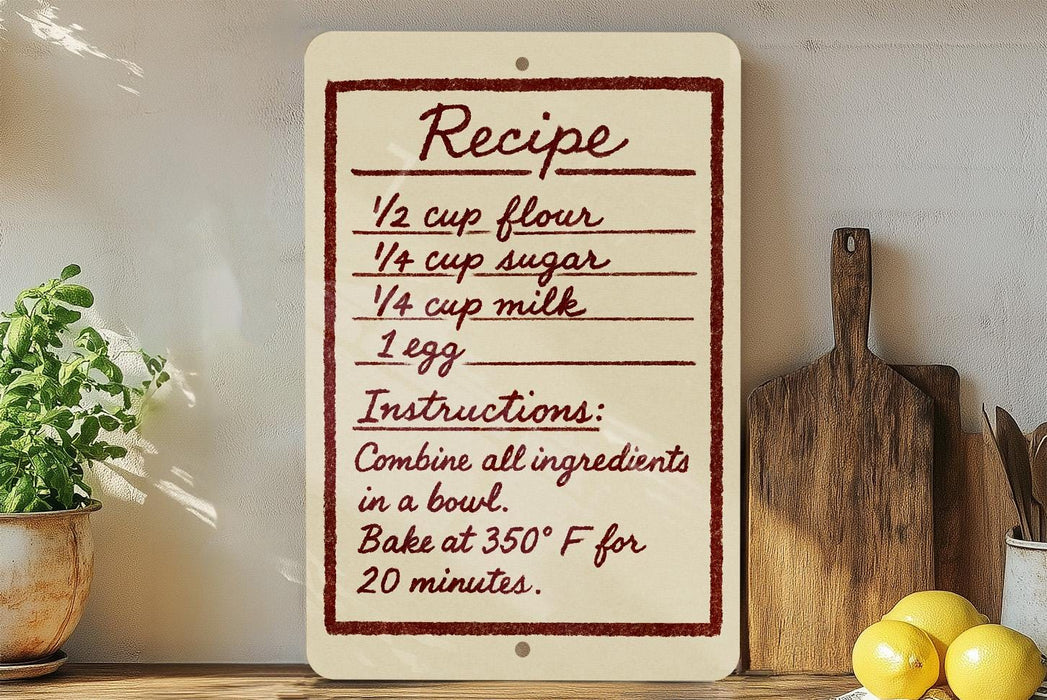 a recipe sign with instructions for combining ingredients in a bowl and baking at 350°F for 20 minutes. The sign is placed on a wooden shelf next to a potted plant and a wooden cutting board.