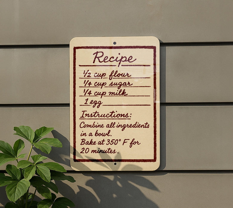 a recipe sign on a wall, providing instructions for combining ingredients in a bowl and baking at 350°F for 20 minutes.