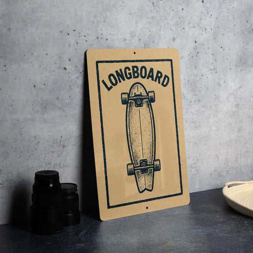 a sign with a skateboard graphic, placed on a table next to some black camera lenses.