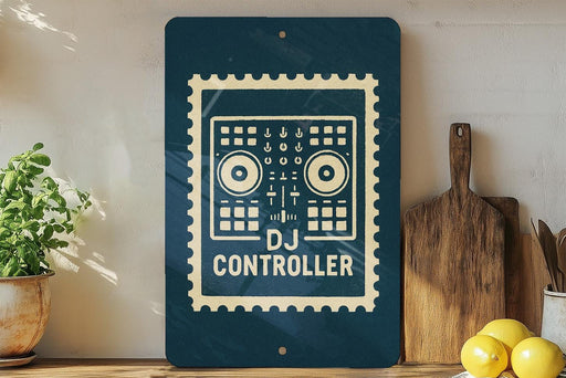 a blue sign with a white DJ controller design, placed on a wooden surface next to a wooden cutting board and a potted plant.