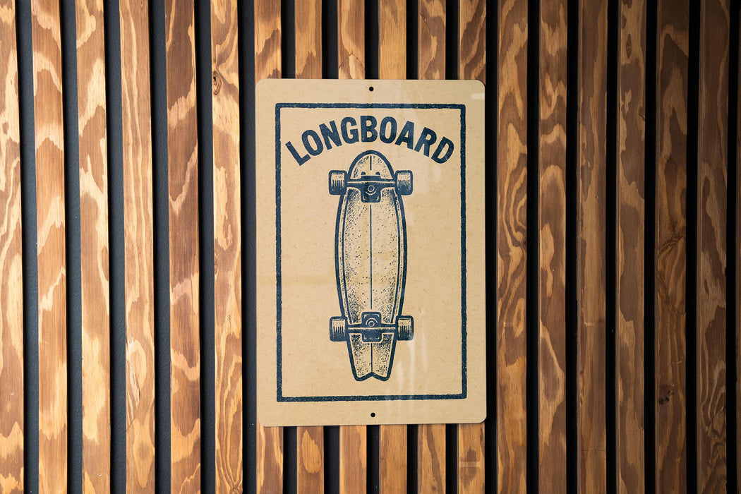 A sign with the word "LONGBOARD" and a graphic of a skateboard is displayed on a wooden wall.