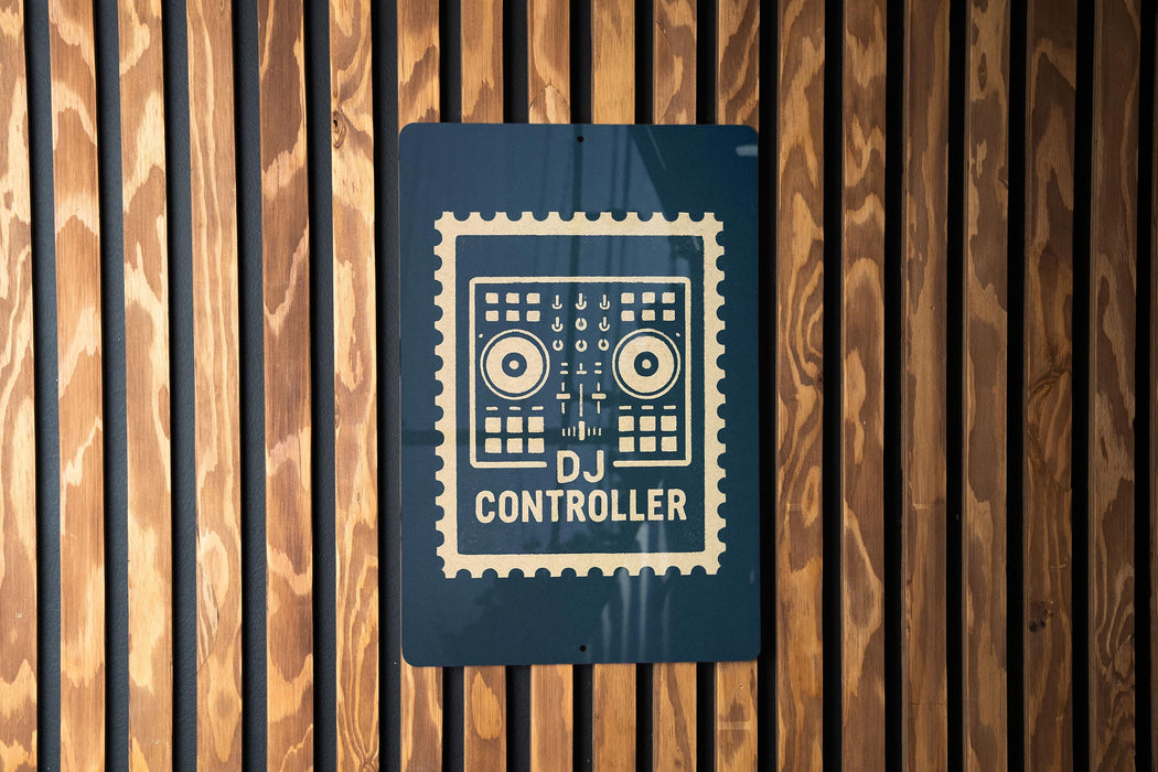 A sign with the text "DJ CONTROLLER" is displayed against a wooden wall.