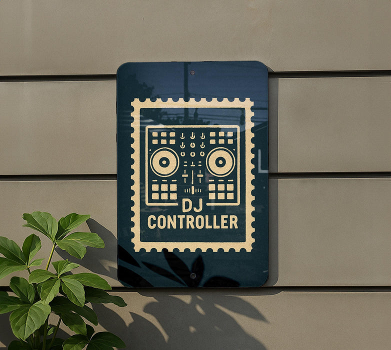 A sign with the text "DJ CONTROLLER" is mounted on a wall, with a plant visible to the left.