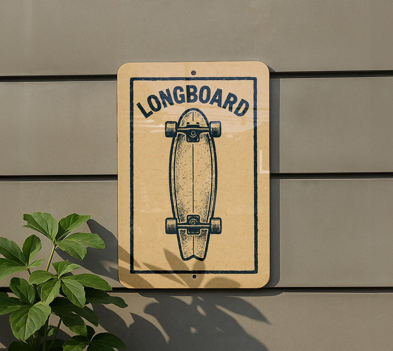 a sign with a skateboard graphic on it, mounted on a wall.