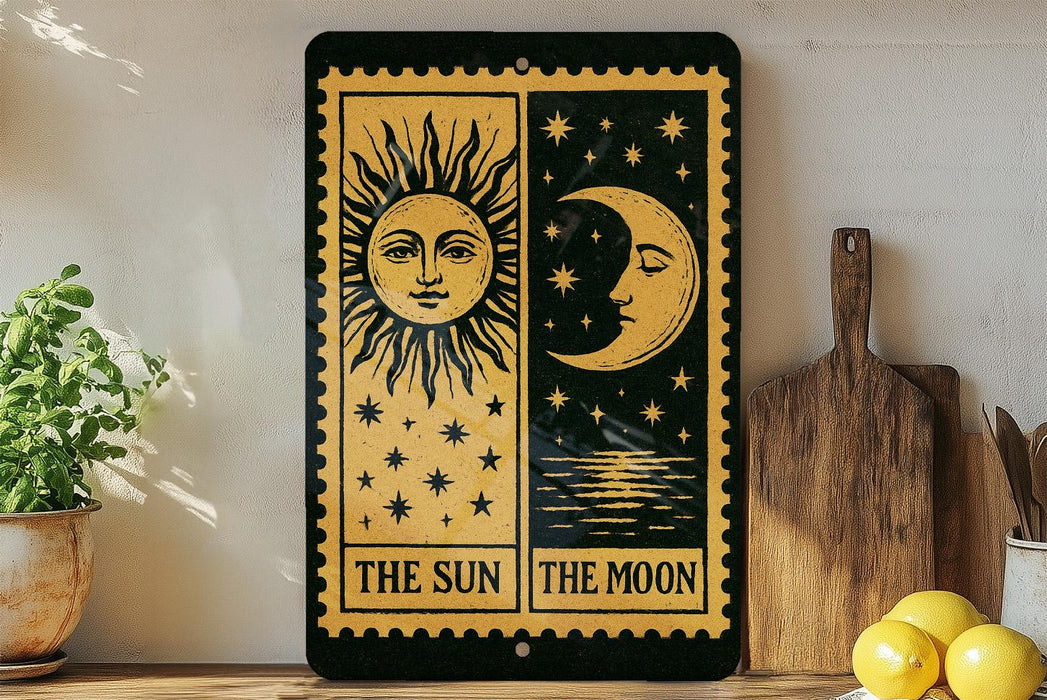 a decorative sign with the sun and moon depicted on it, placed on a shelf next to a wooden cutting board and some potted plants.