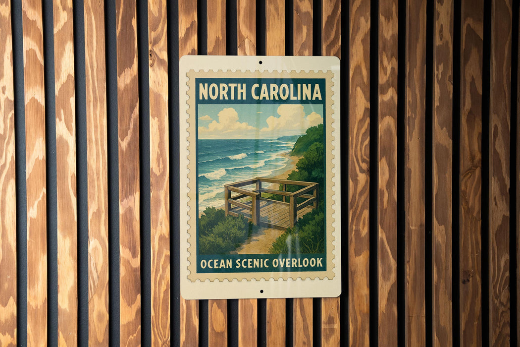 A metal sign with a vintage-style illustration of a beach and ocean, mounted on a wooden wall.