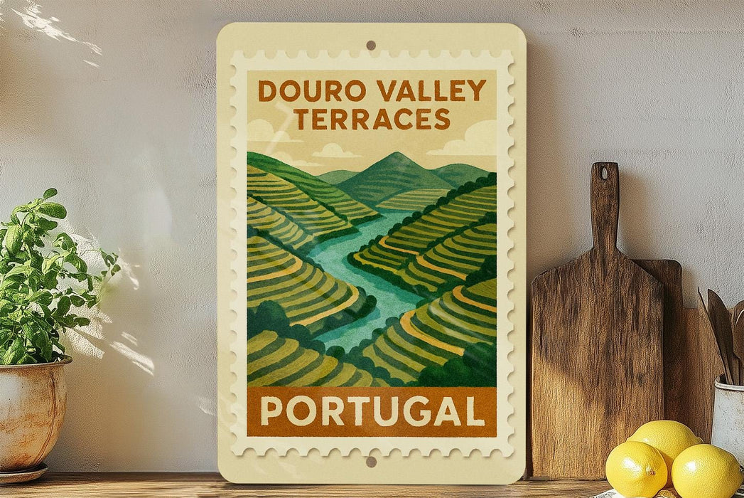 a poster or sign for the Douro Valley Terraces in Portugal, with a scenic illustration of the valley and a river.