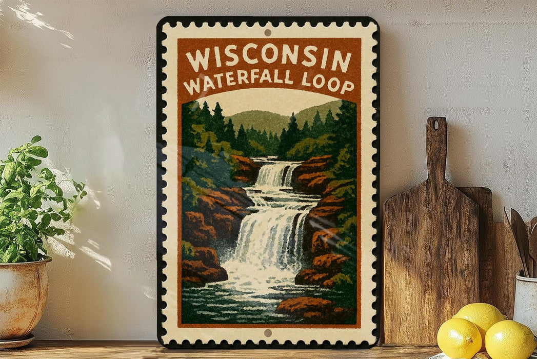 A framed poster of Wisconsin's Waterfall Loop hangs on a wall, surrounded by kitchen utensils and a potted plant.