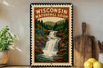 A framed poster of Wisconsin's Waterfall Loop hangs on a wall, surrounded by kitchen utensils and a potted plant.