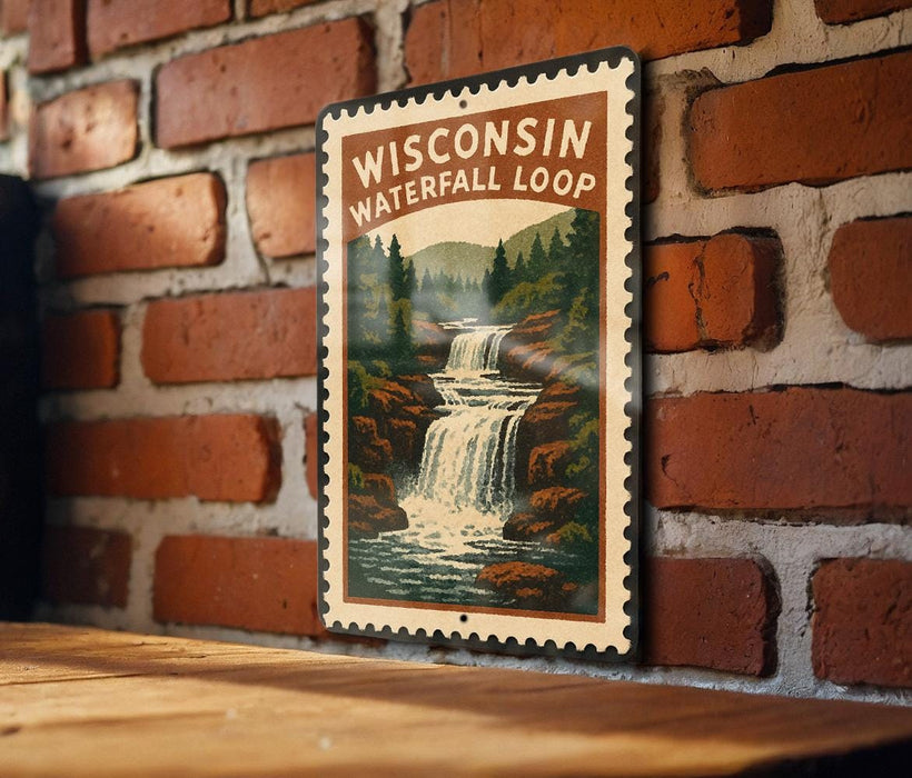 A vintage-style metal sign with a waterfall image and the text "WISCONSIN WATERFALL LOOP" is displayed on a brick wall.