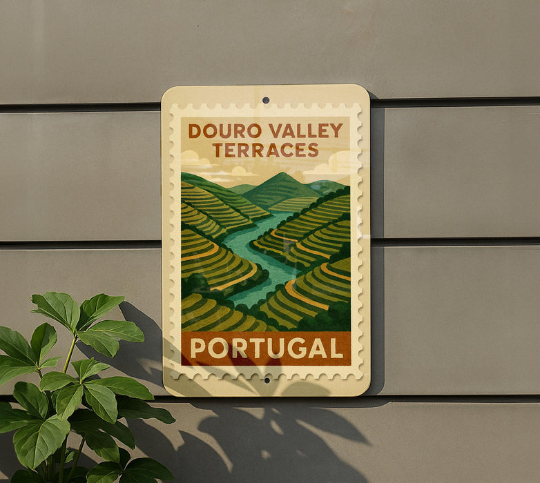 a sign that reads "DOURO VALLEY TERRACES" and "PORTUGAL", with a scenic illustration of terraced fields and a river.