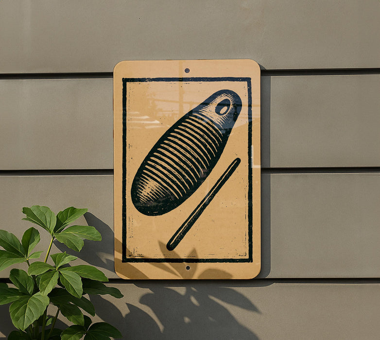 a sign with a black and white striped design, mounted on a wall next to a plant.