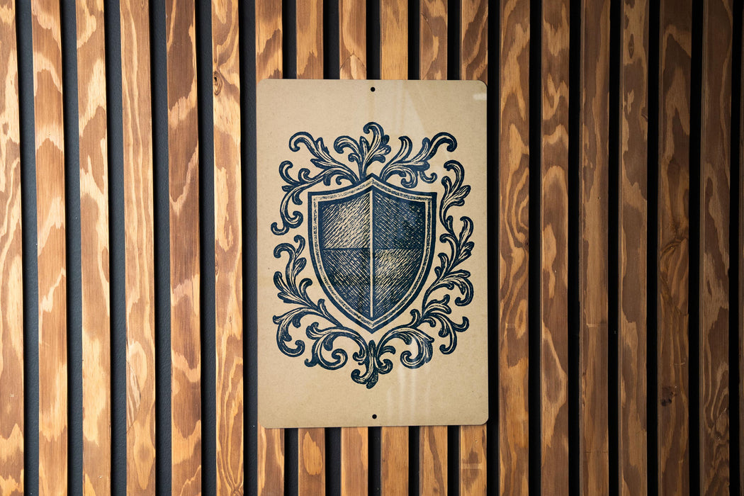 a shield with a decorative border, mounted on a wooden wall.