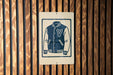 A sign featuring a graphic of a v-shaped jacket is mounted on a wooden wall.