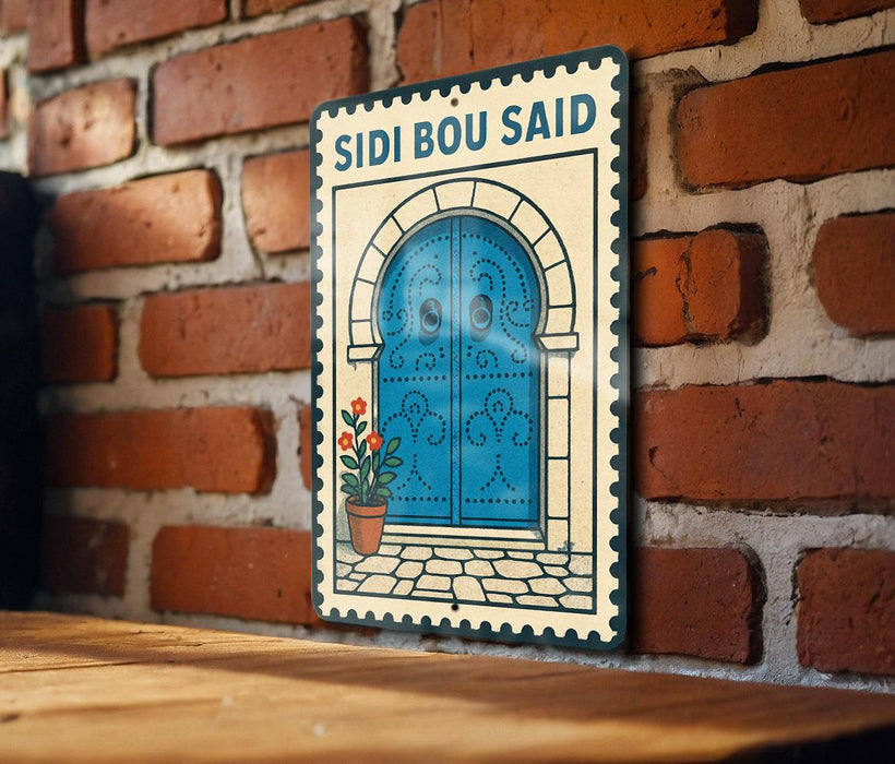 a sign with a blue door and a potted plant, mounted on a brick wall.