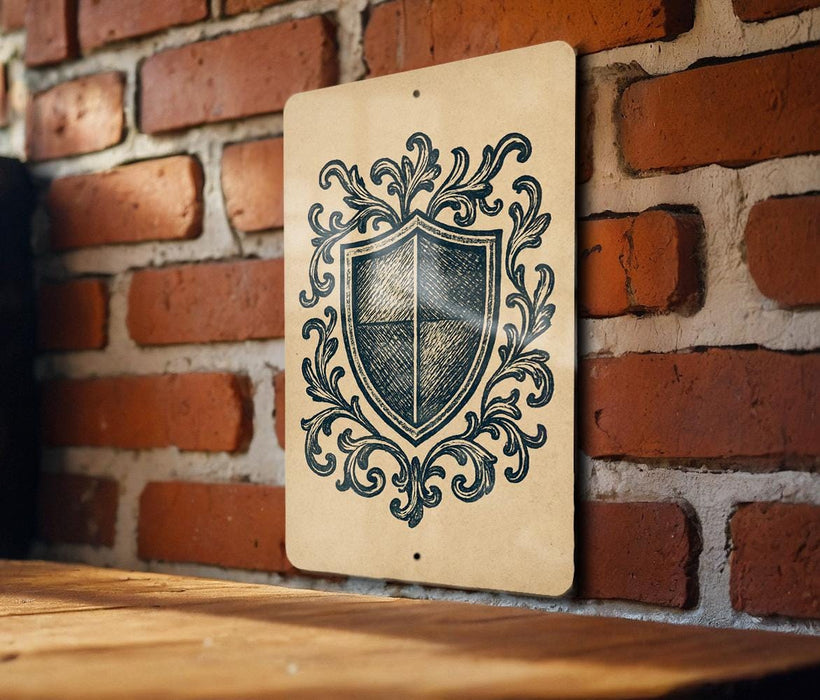 a wooden table with a decorative shield-shaped sign hanging on the wall behind it.