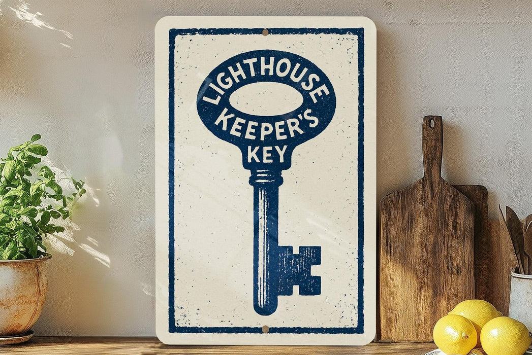 a sign with a key design, placed on a wooden surface next to a wooden cutting board and some lemons.