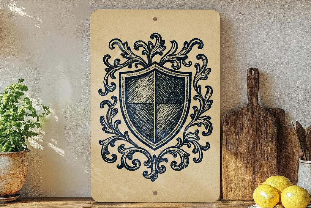 a wooden cutting board with a decorative shield design on it, placed on a shelf next to a potted plant and some lemons.