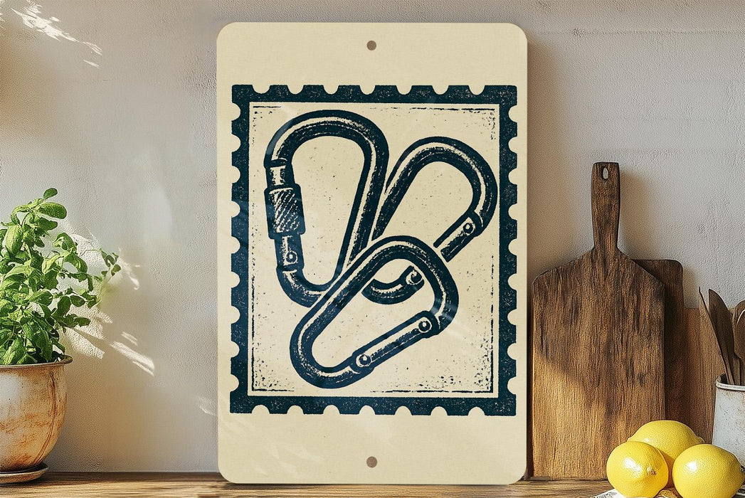 a wooden shelf with various items, including a potted plant, a wooden cutting board, and a small plant. There is also a framed print or poster with a graphic design on it, which appears to be a postage stamp-like design.