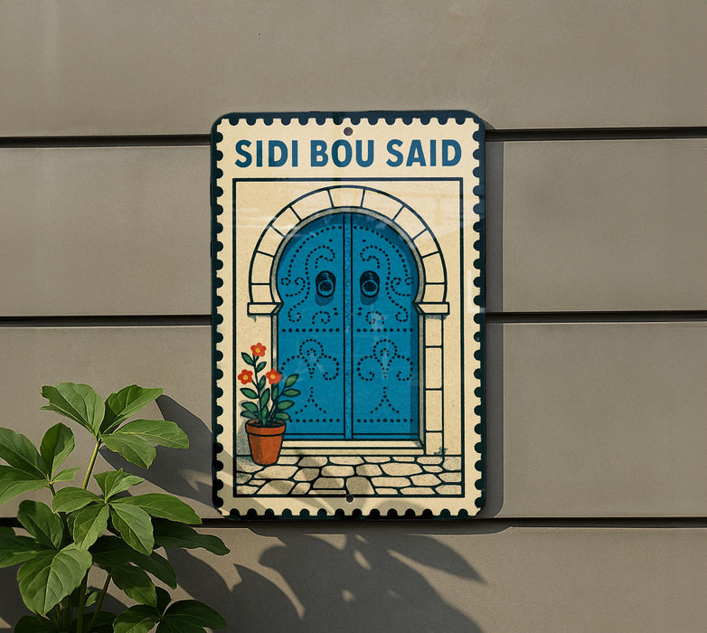 a blue door with a potted plant on the steps, mounted on a wall.