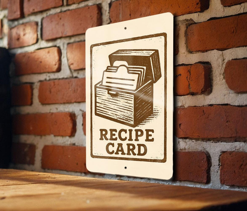 A sign on a brick wall that reads "RECIPE CARD".