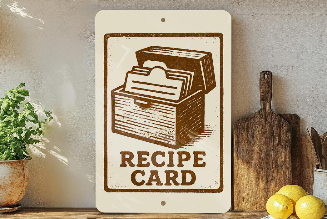 a sign that reads "RECIPE CARD" with a graphic of a recipe book, placed on a shelf next to a wooden cutting board and some kitchen utensils.